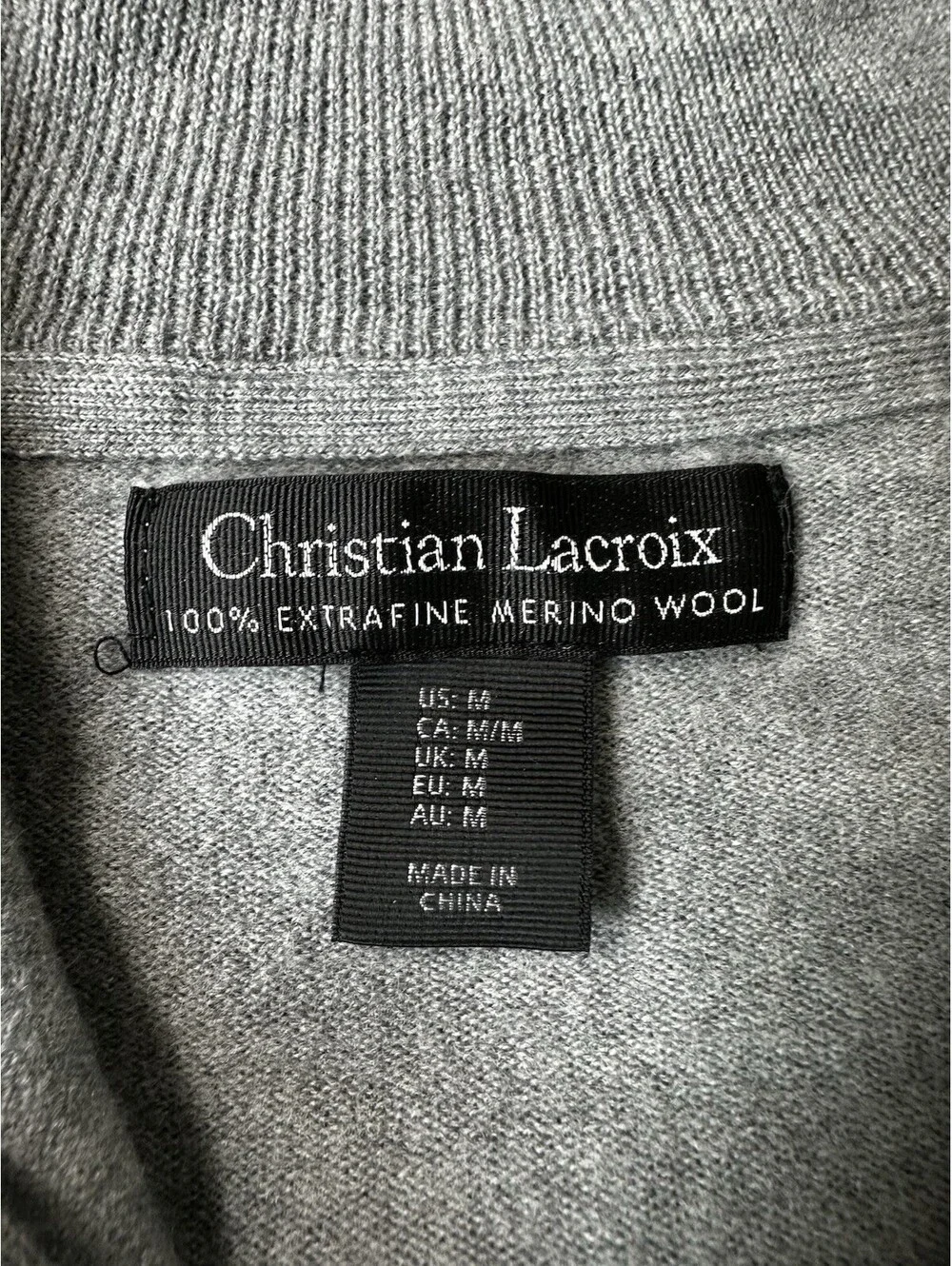 Christian Lacroix 100% Extrafine Merino Wool 1/4 Zip Sweater Gray Mens Medium